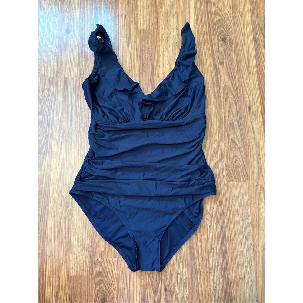 DKNY Women's Ruched Ruffle V-neck Tummy Control One Piece Swimsuit Navy XL